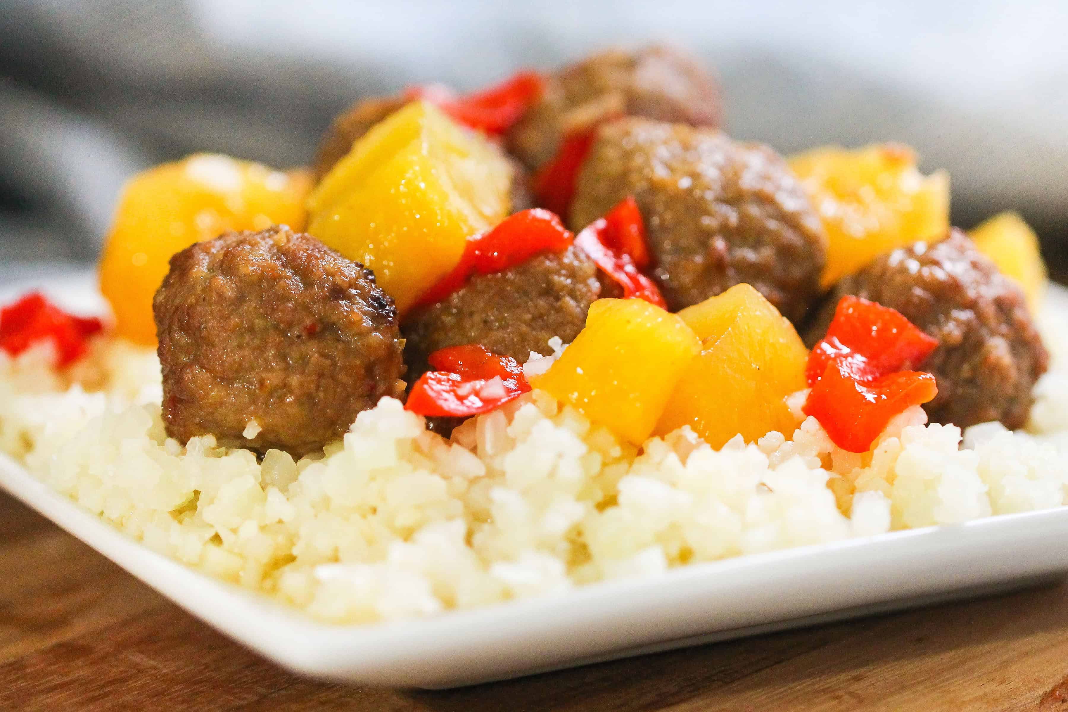 Instant Pot Hawaiian Meatballs served over rice