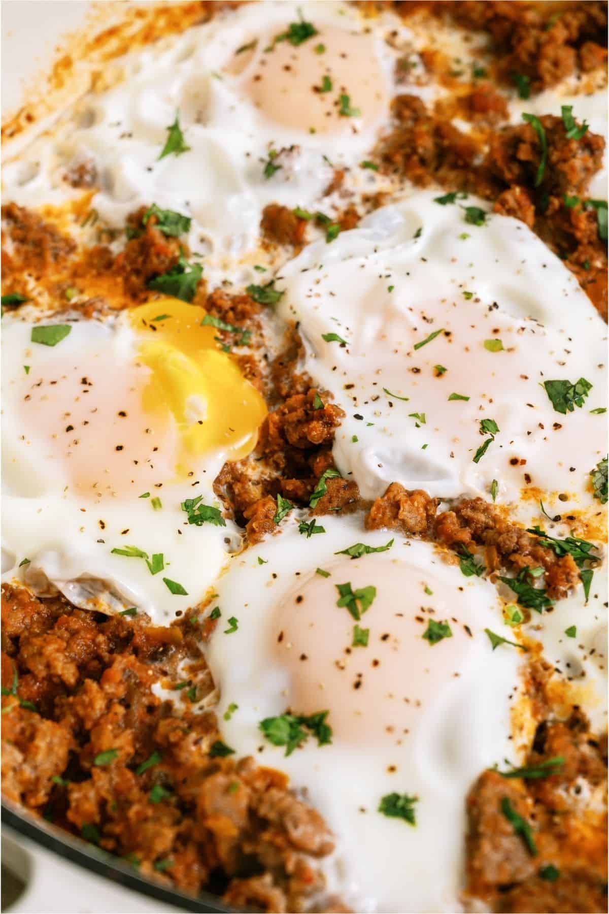 Close up of One Pan Egg and Turkey Skillet in the skillet.