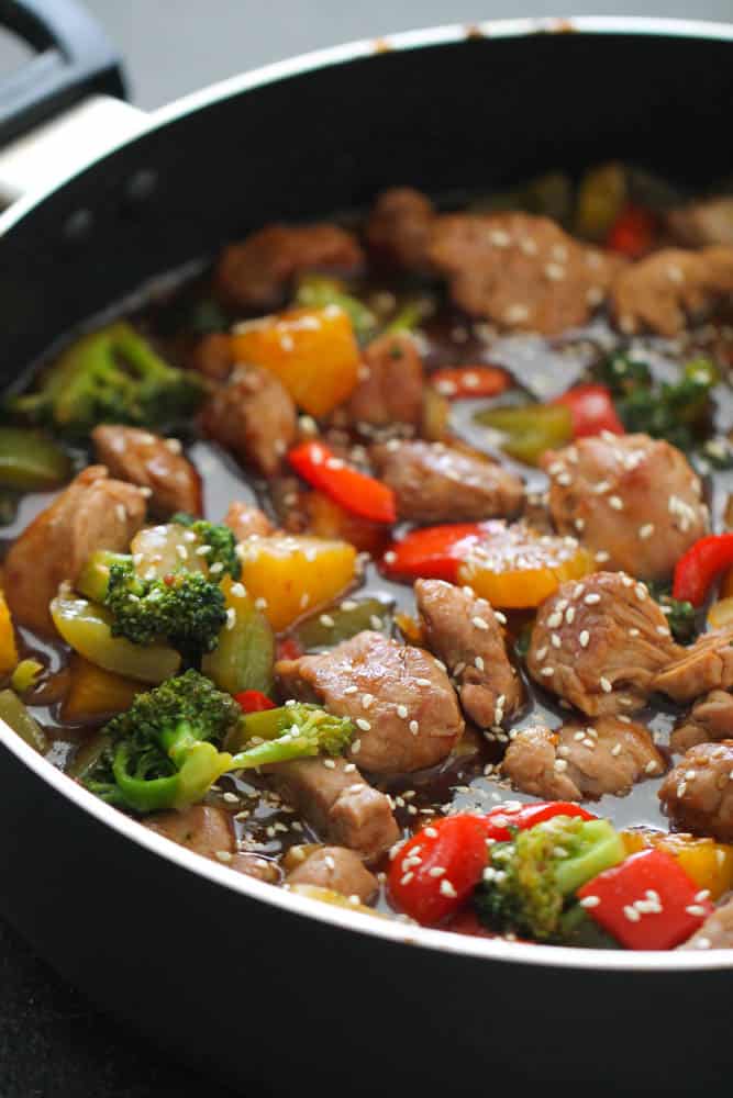 Grilled Teriyaki Pork Chops with Stir Fried Vegetables and Rice