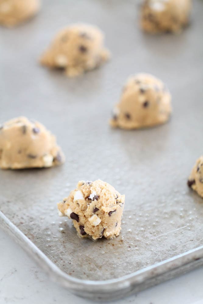 S'mores Cookie dough balls on baking sheet