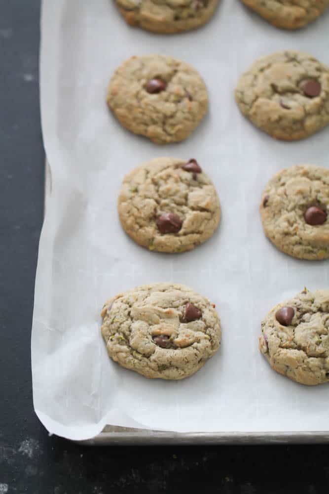 Zucchini Chocolate Chip Cookies on a baking sheet