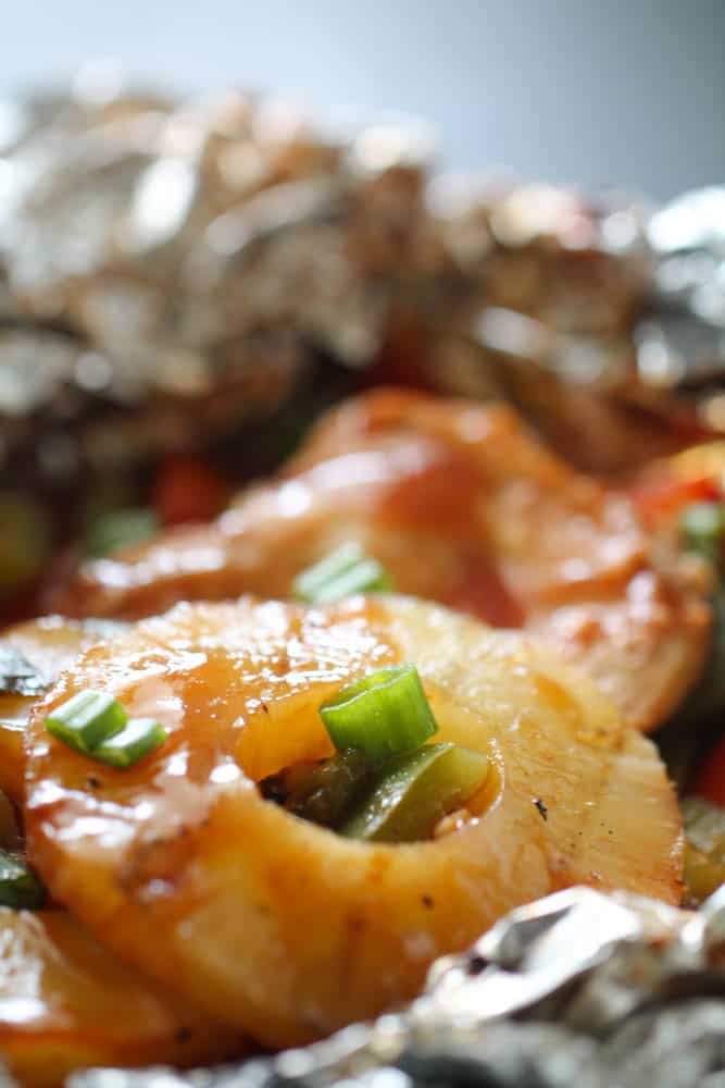 Close up on pineapple in Pineapple BBQ Chicken Foil Pack Dinners