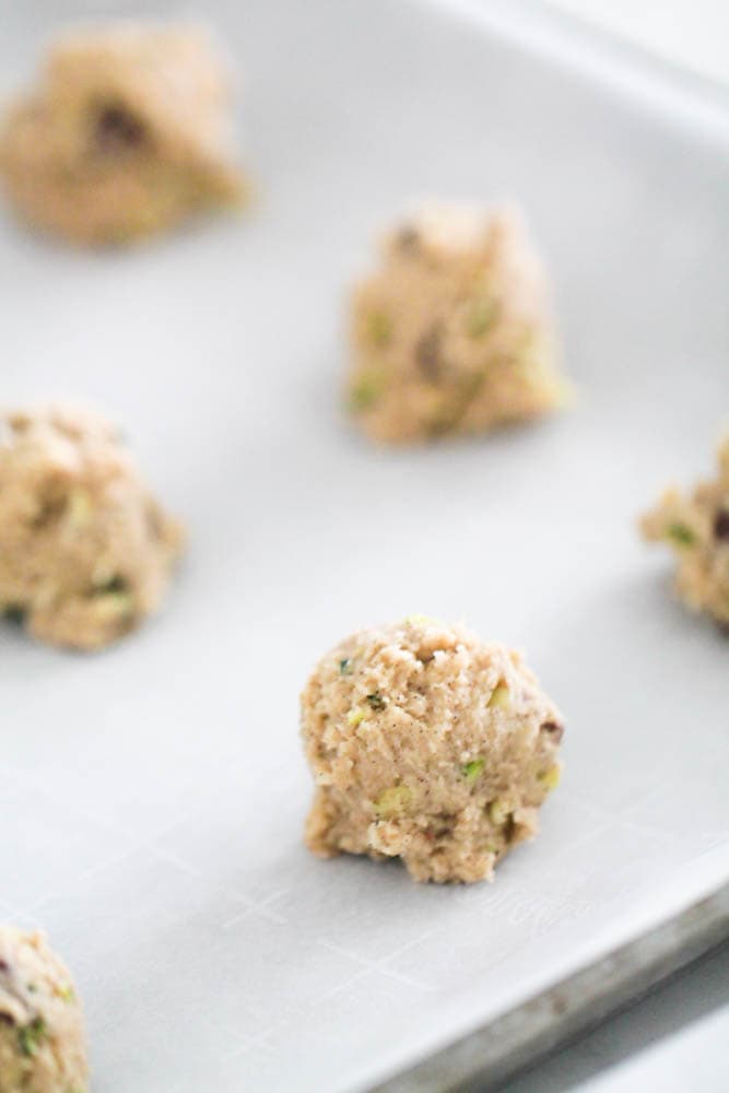 Zucchini Chocolate Chip Cookie dough on baking sheet