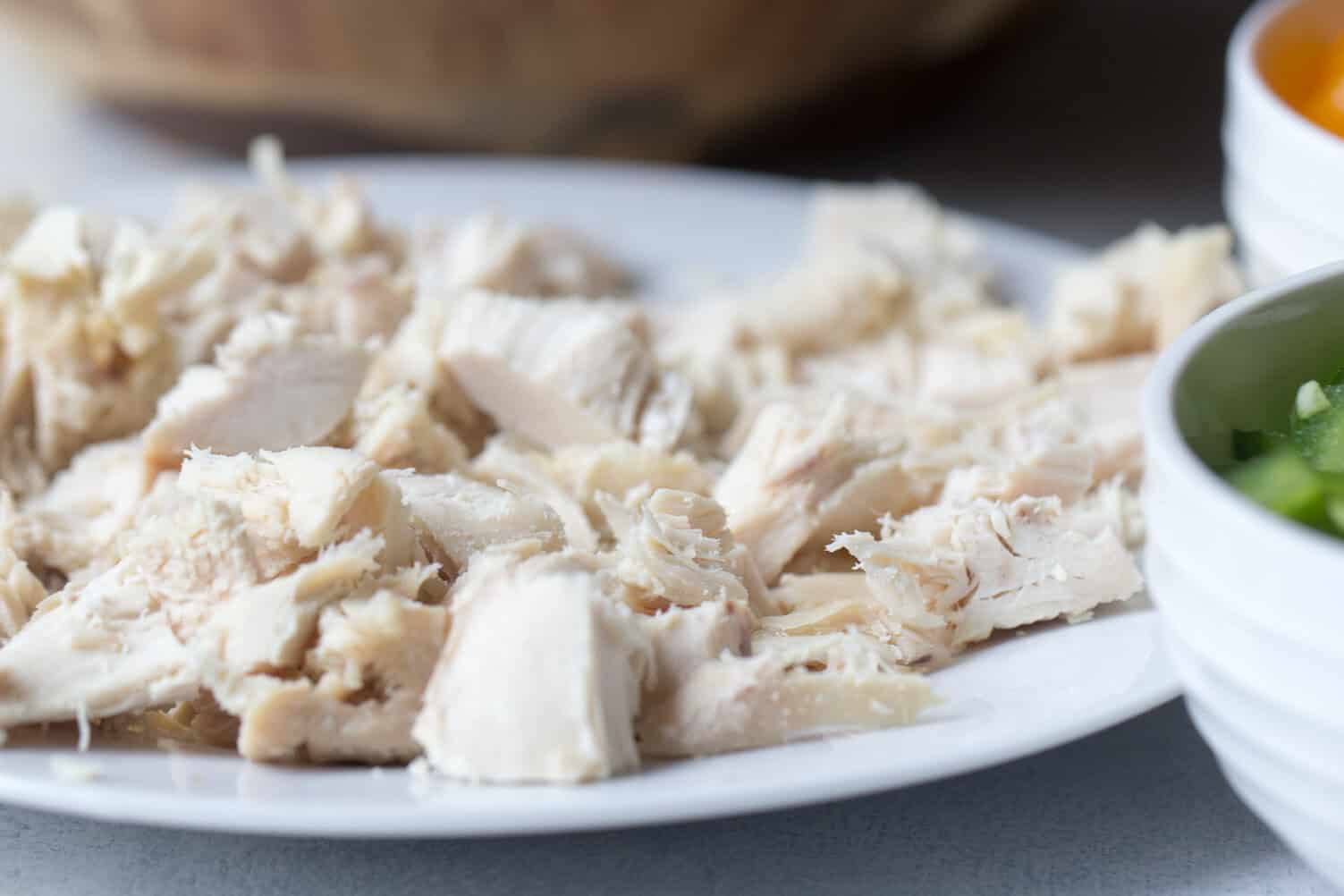 Shredded rotisserie chicken on a plate