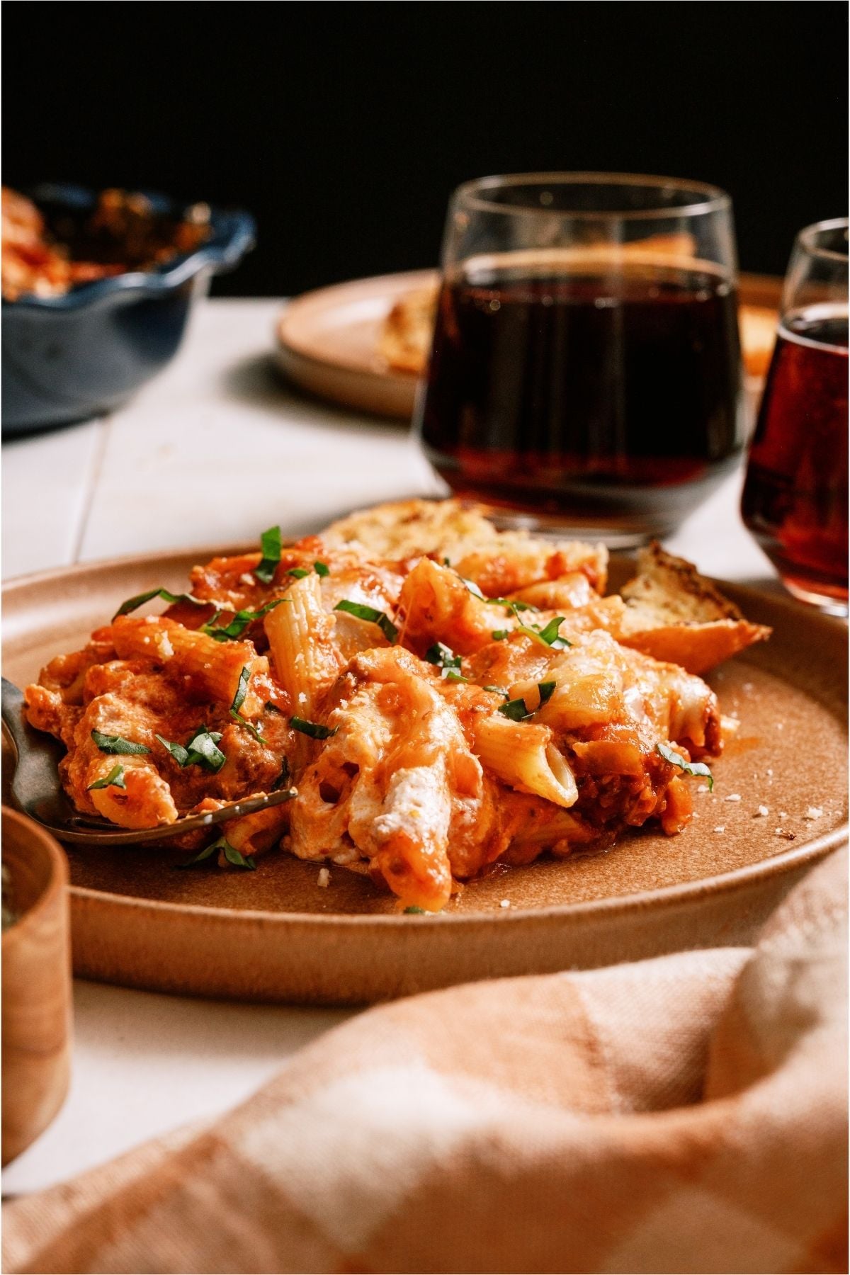 A serving of Baked Ziti on a plate.