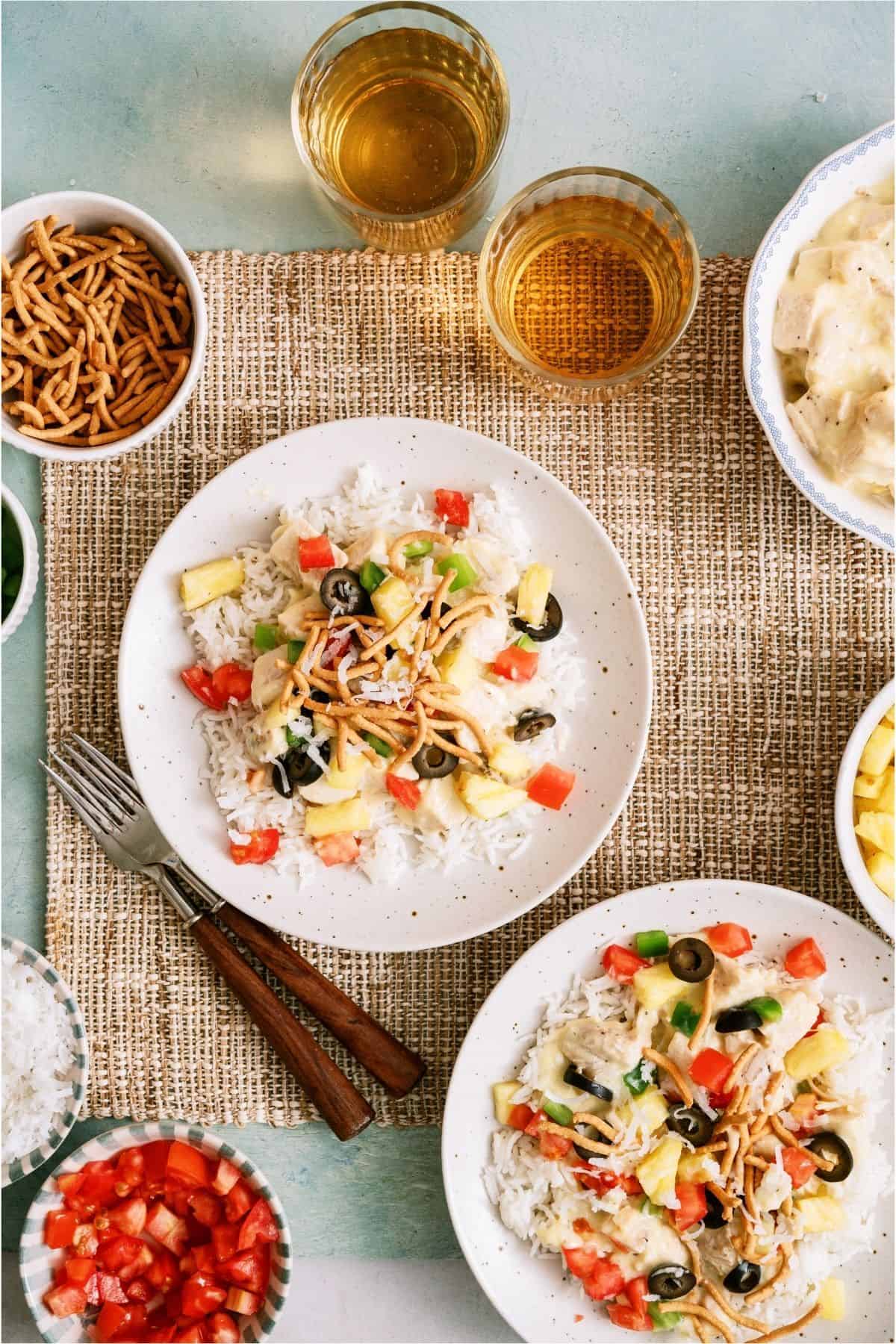 Top view of a plate of Hawaiian Haystacks with toppings.
