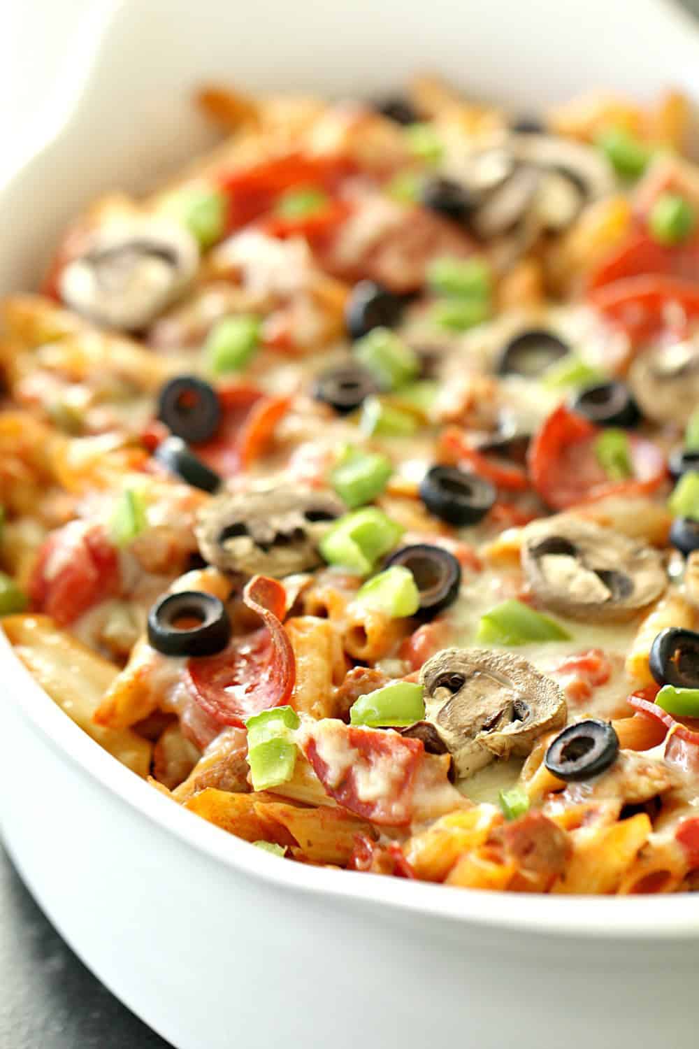 Pizza Pasta Casserole in a white casserole dish