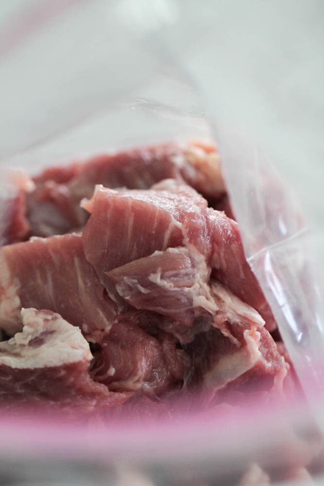 Cubed pork in a ziploc bag