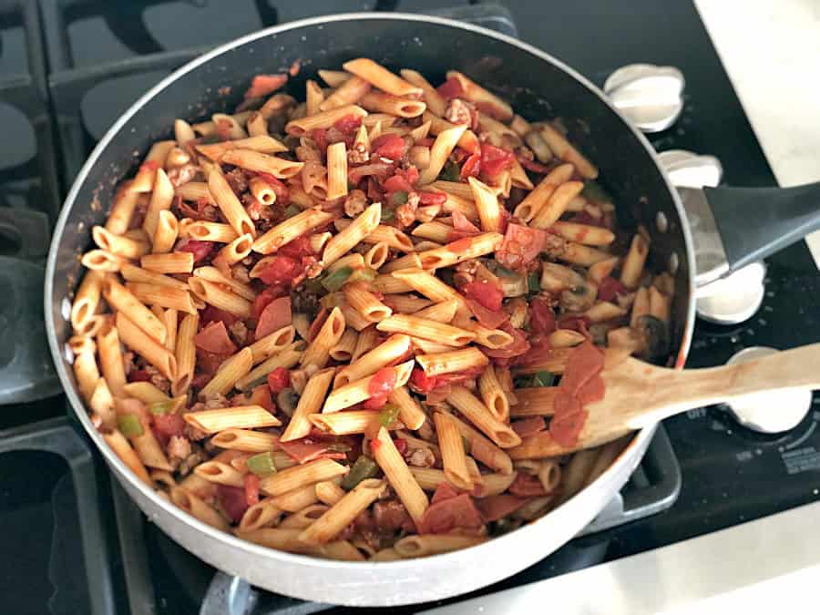 Pizza Pasta Casserole Ingredients in a skillet