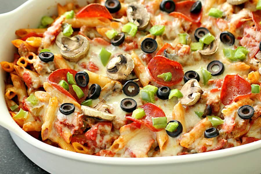 Pizza Pasta Casserole in a white casserole dish