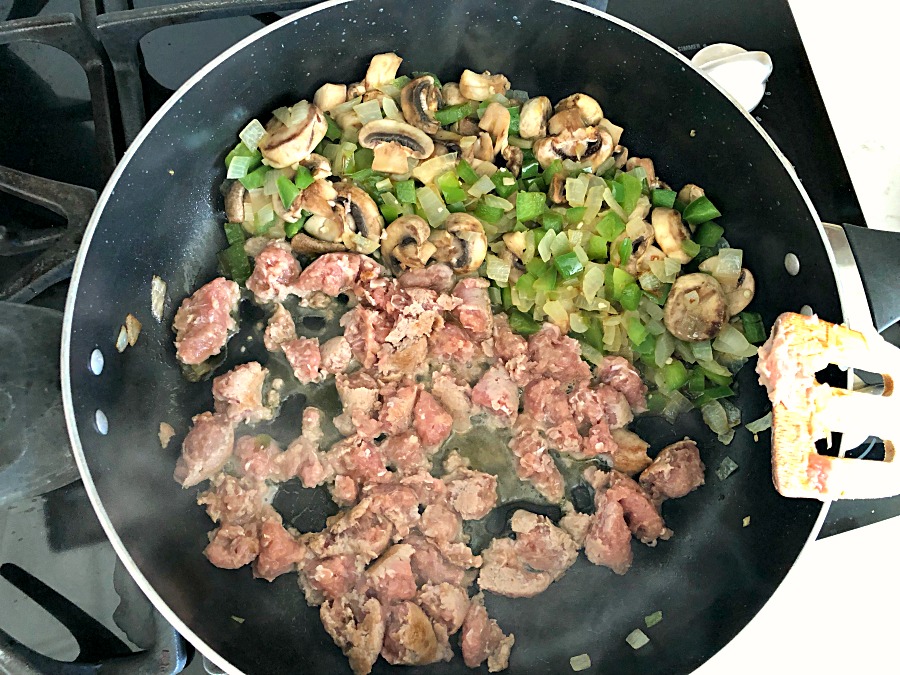 Ground Sausage and Vegetables in a skillet