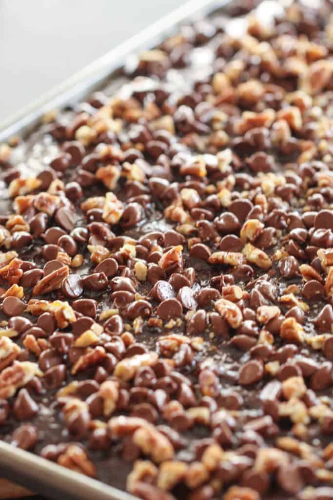 Turtle Texas Sheet Cake with frosting and chopped nuts and caramel bits on top.