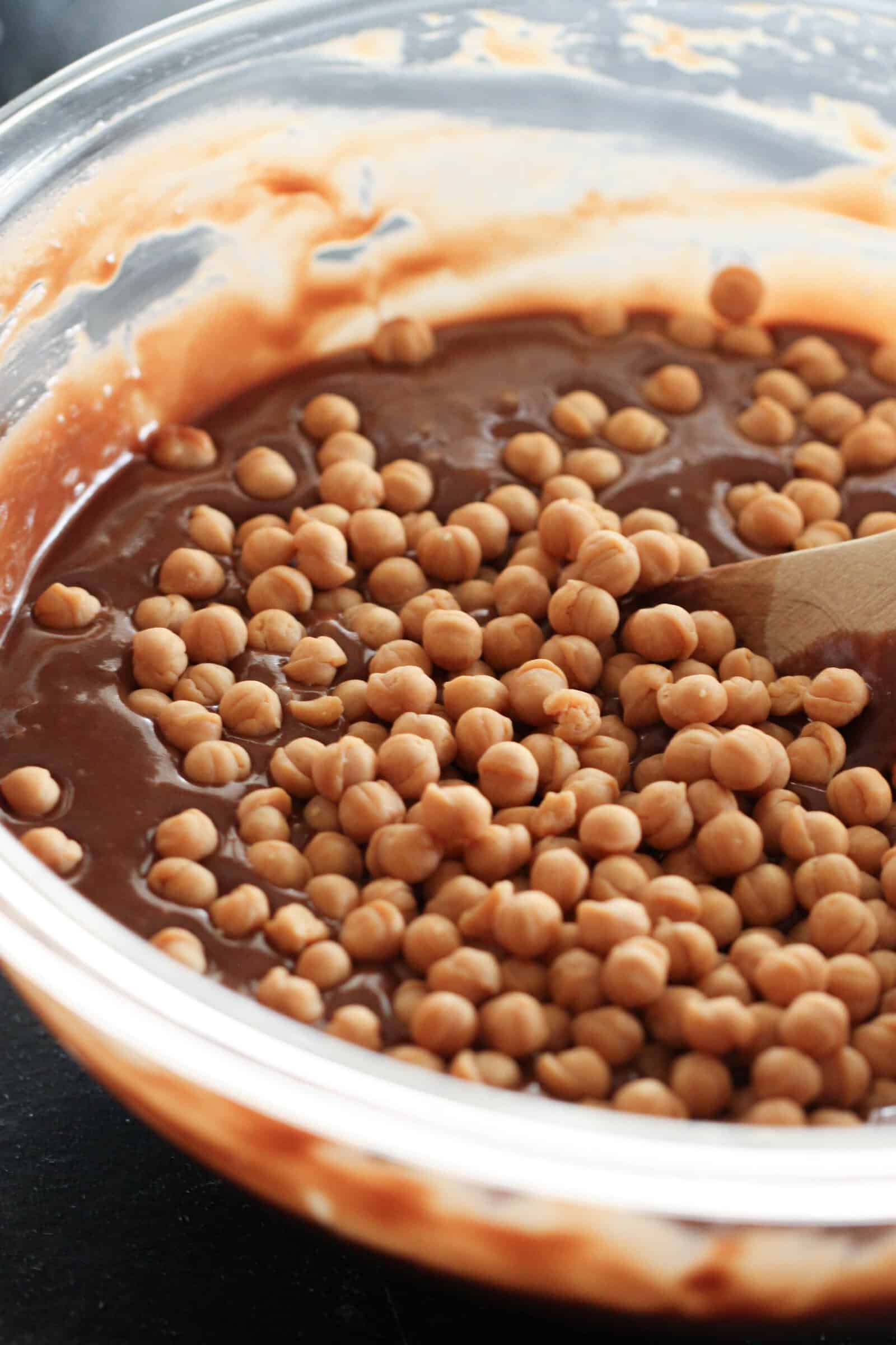 Adding caramel bits to the Turtle Texas Sheet Cake Batter