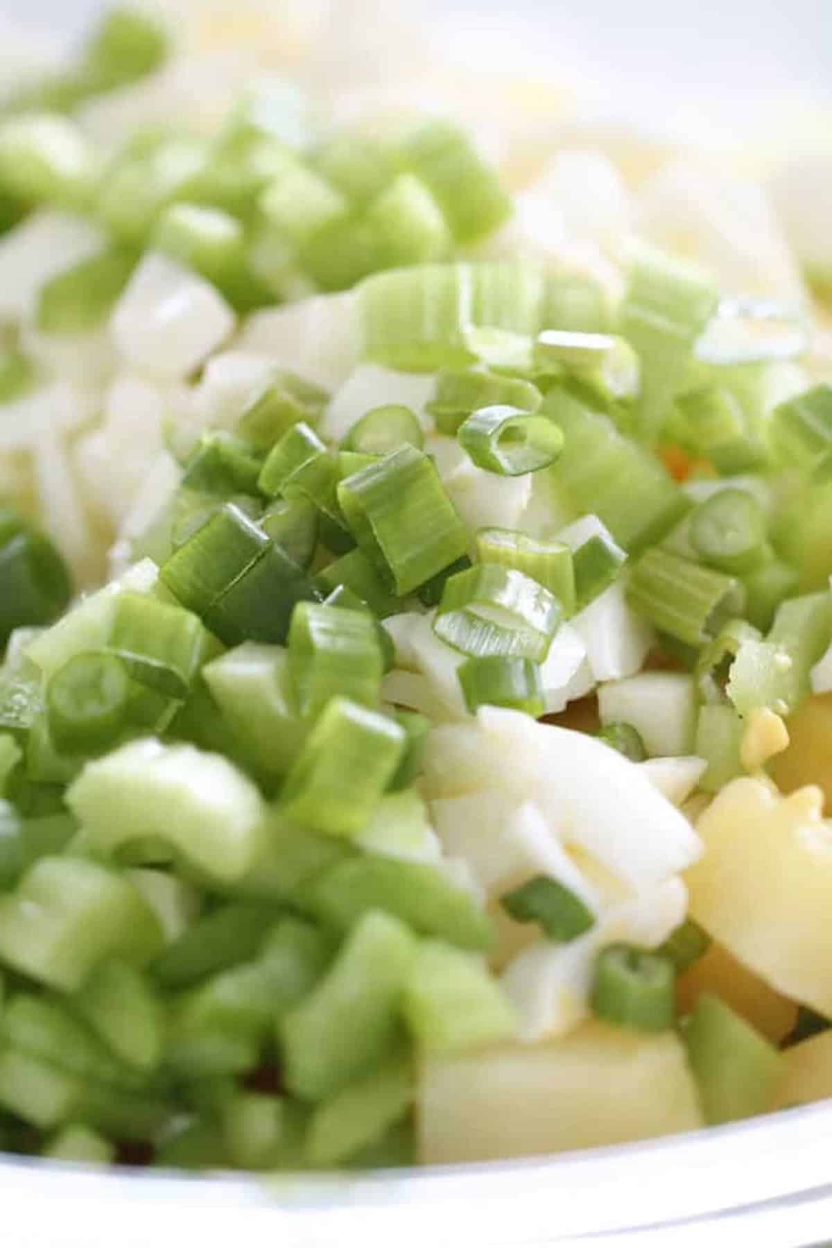A close-up of chopped green onions and diced celery in a bowl.