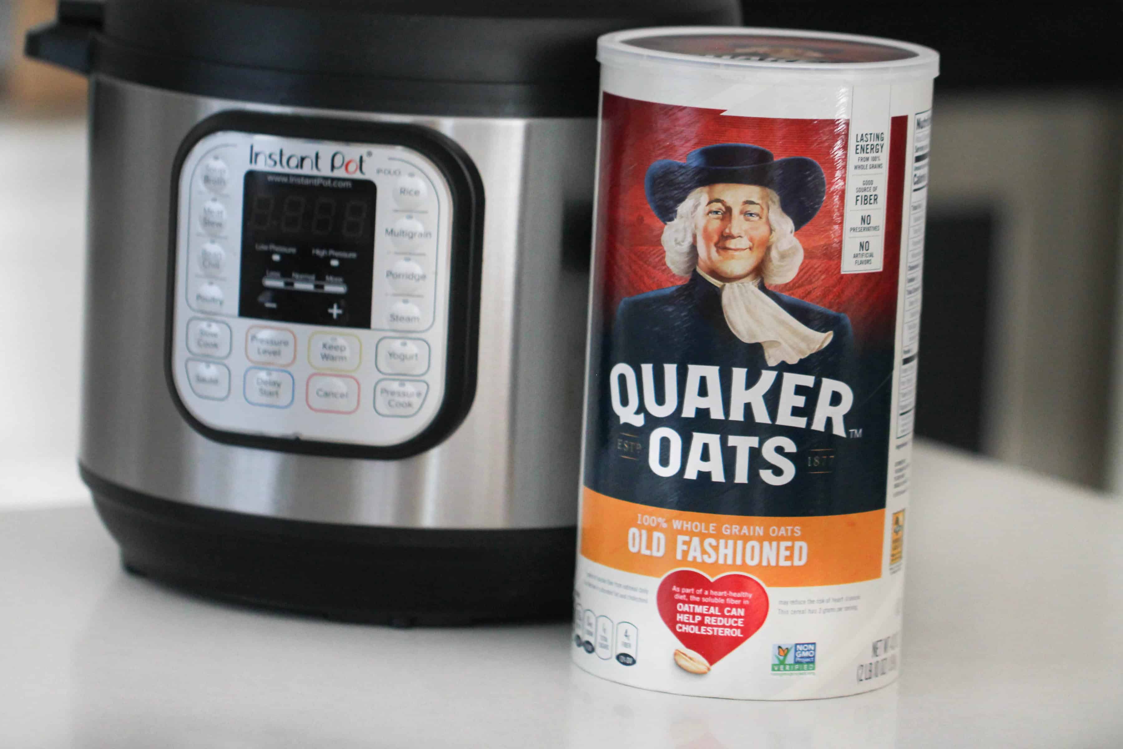 Instant Pot on table with Quaker Oats container next to it.