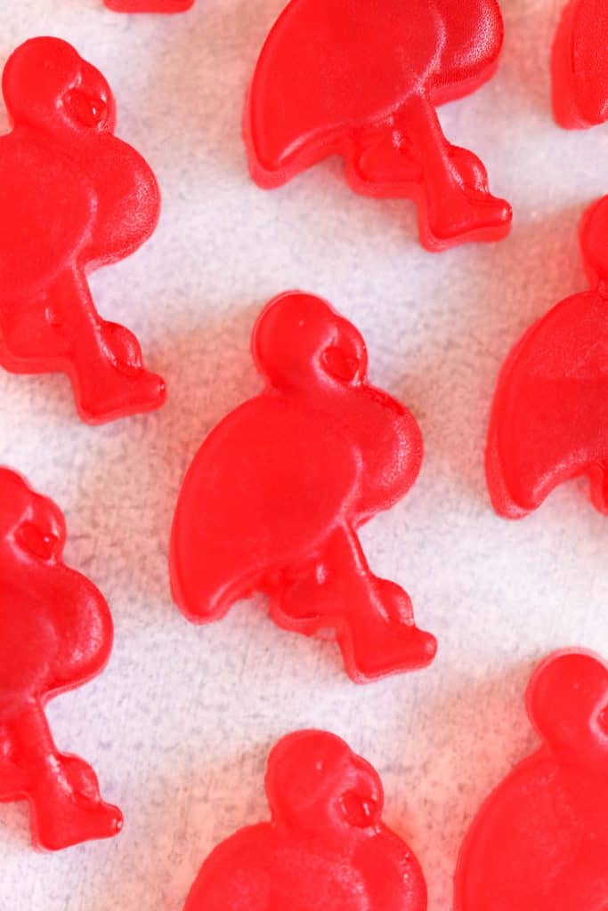 Flamingo shaped fruit snacks.
