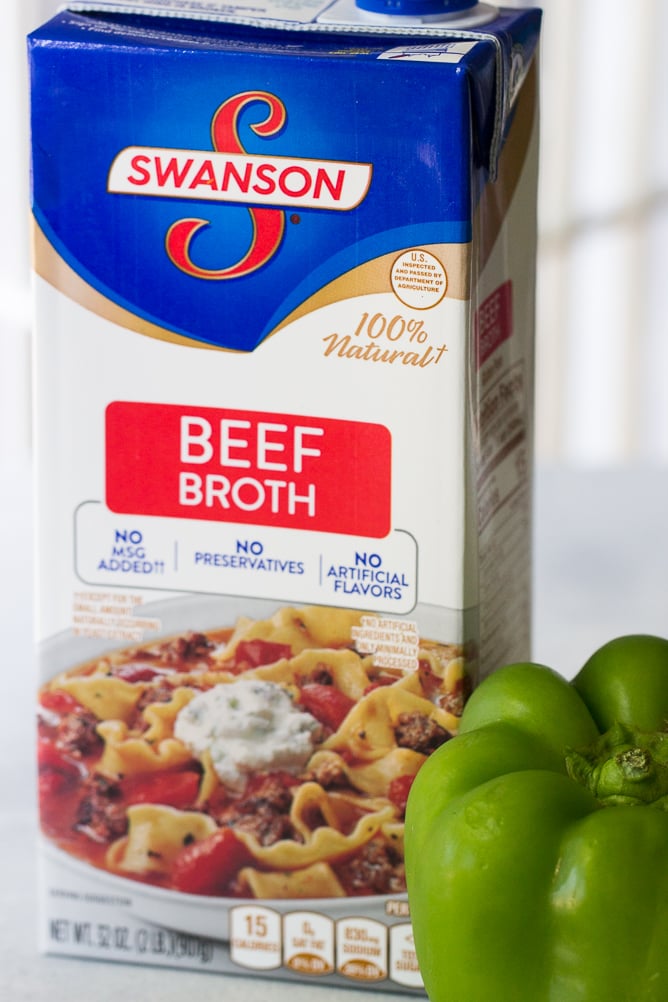 Swanson Beef Broth and Green Bell Pepper for Philly Cheese Steak Sandwiches