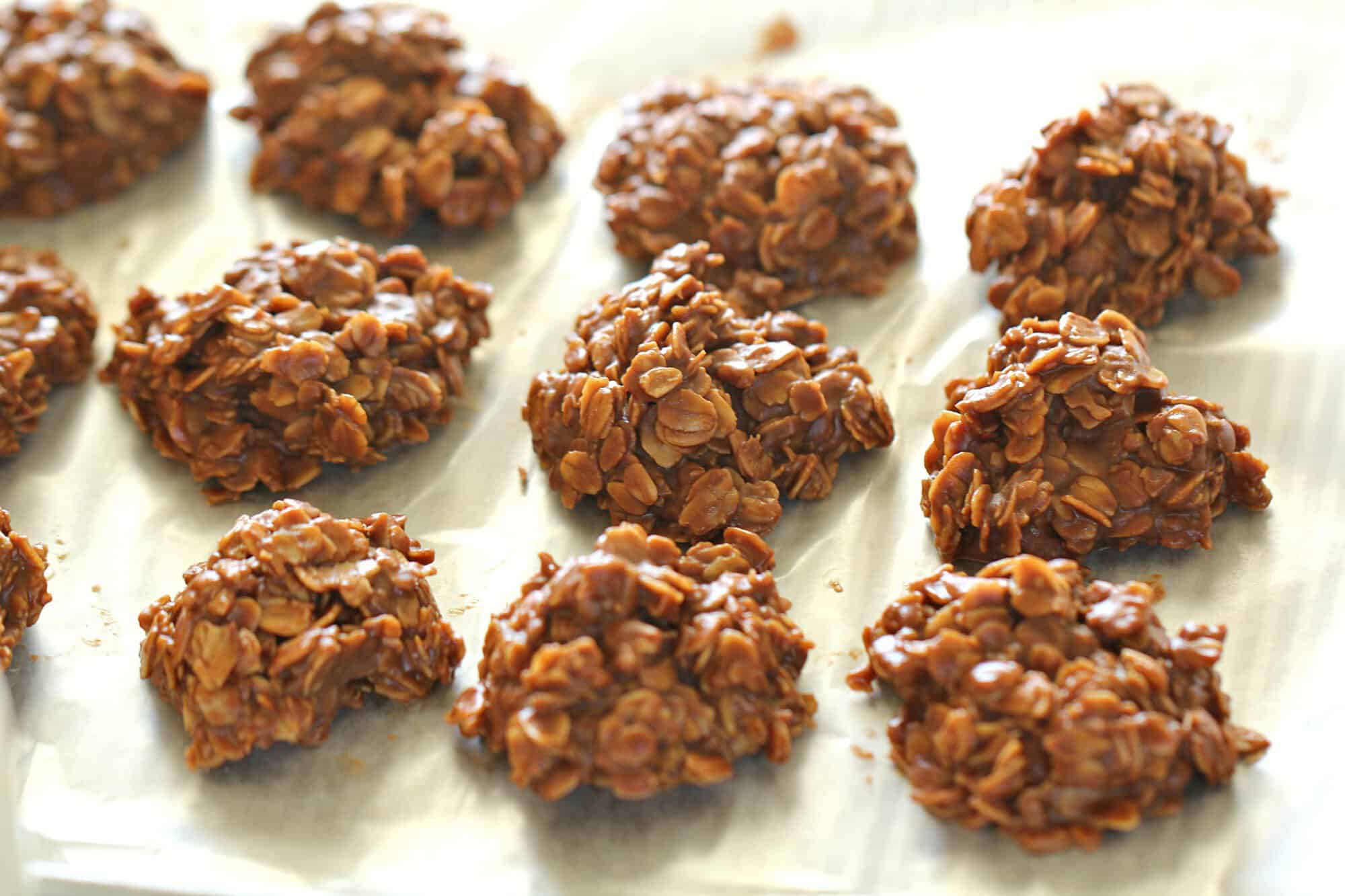 Healthier No Bake Chocolate Peanut Butter Cookies on wax paper
