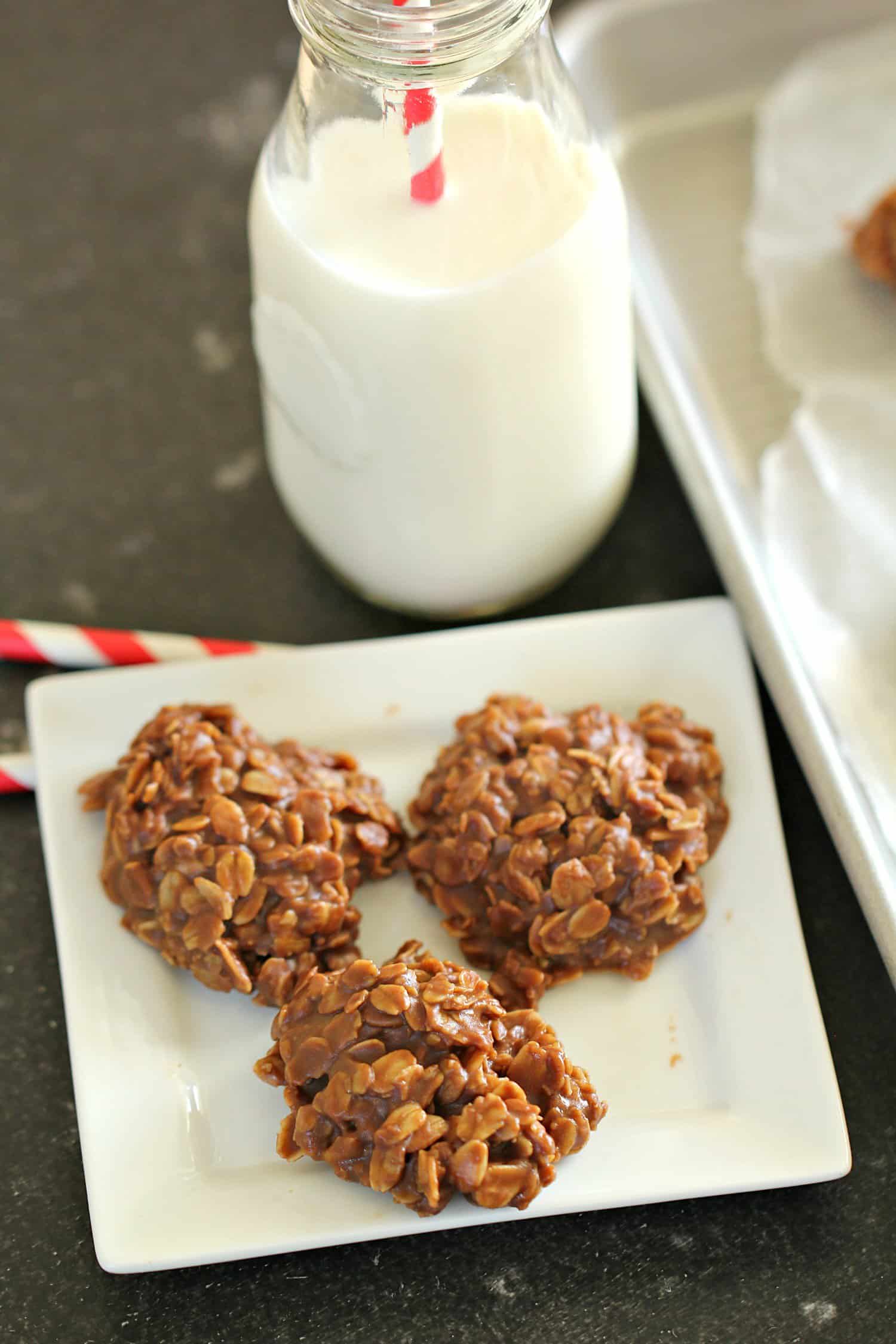 Healthier No Bake Chocolate Peanut Butter Cookies on a white dish
