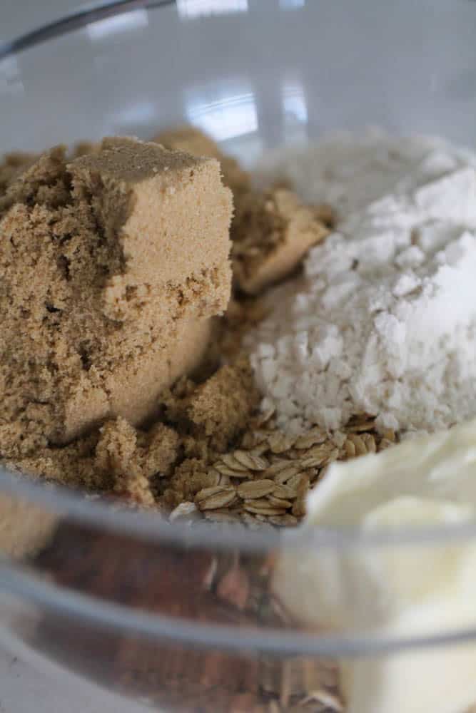 Ingredients for the crisp in a mixing bowl