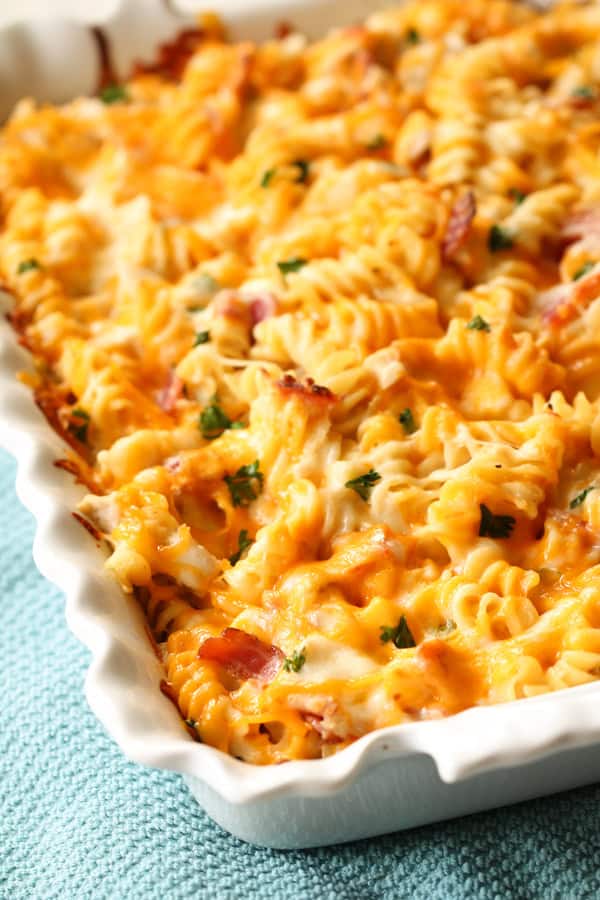 Chicken Bacon Ranch Pasta in a casserole dish.