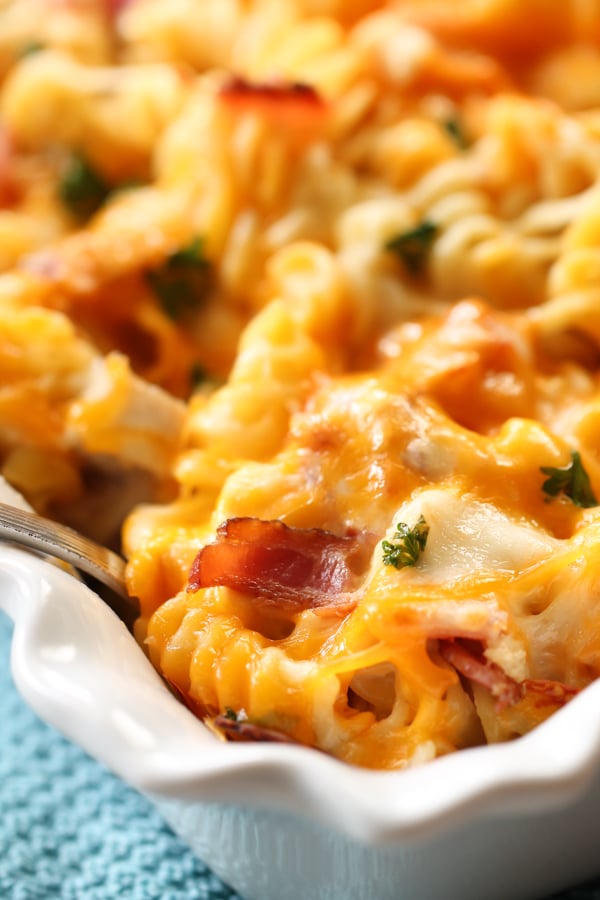 Close up of Chicken Bacon Ranch Pasta in casserole dish