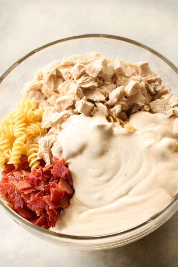 Ingredients for Chicken Bacon Ranch Pasta in a bowl