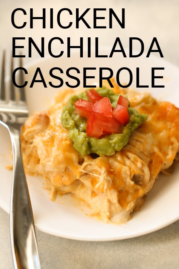 A serving of Chicken Enchilada Casserole on a plate with a fork