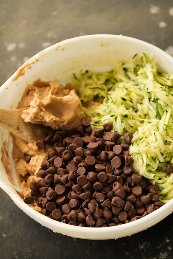 Ingredients for Chocolate Chip Zucchini Bars batter in a mixing bowl