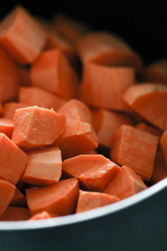diced sweet potatoes in the pot