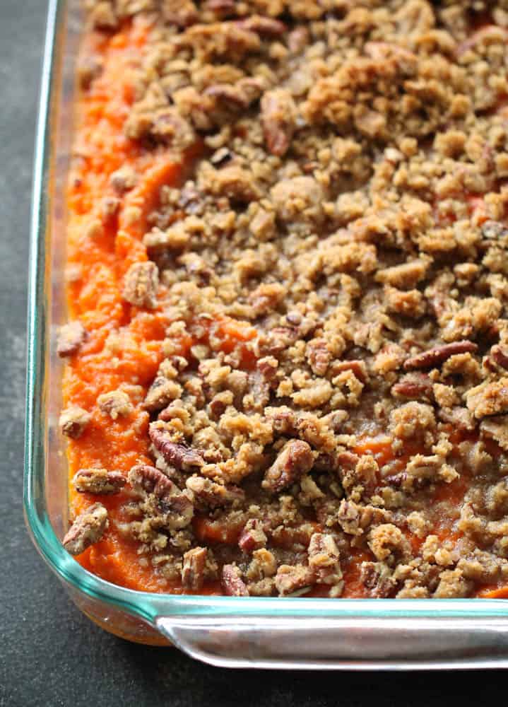 sweet potato casserole with brown sugar and pecan toppings