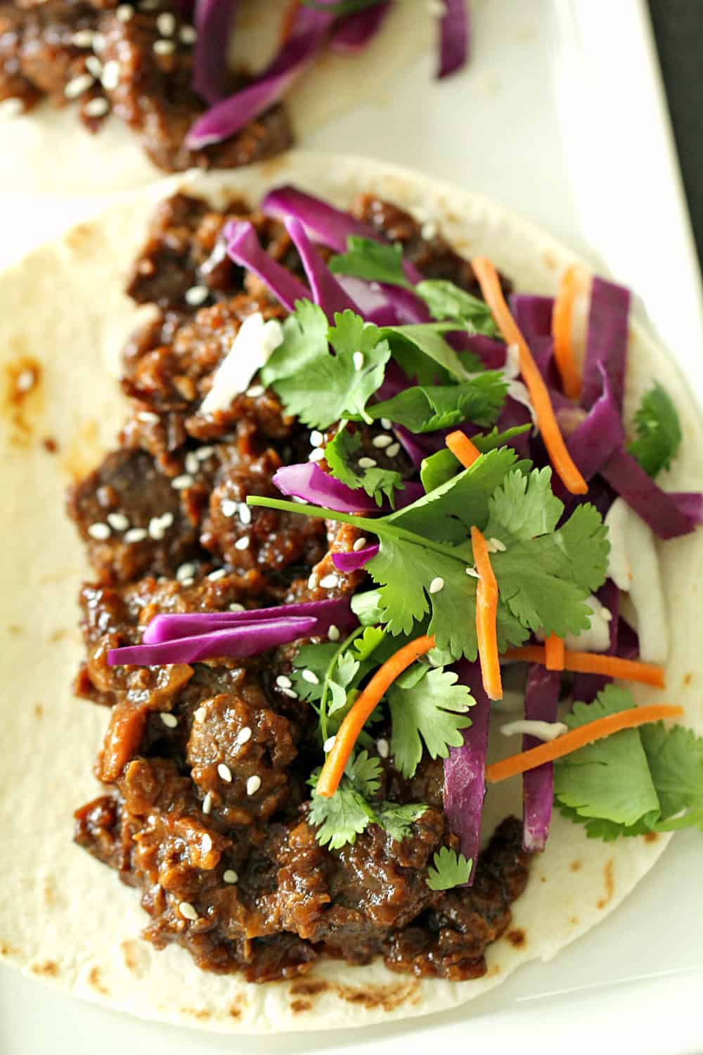 Korean Beef on flour tortillas with toppings