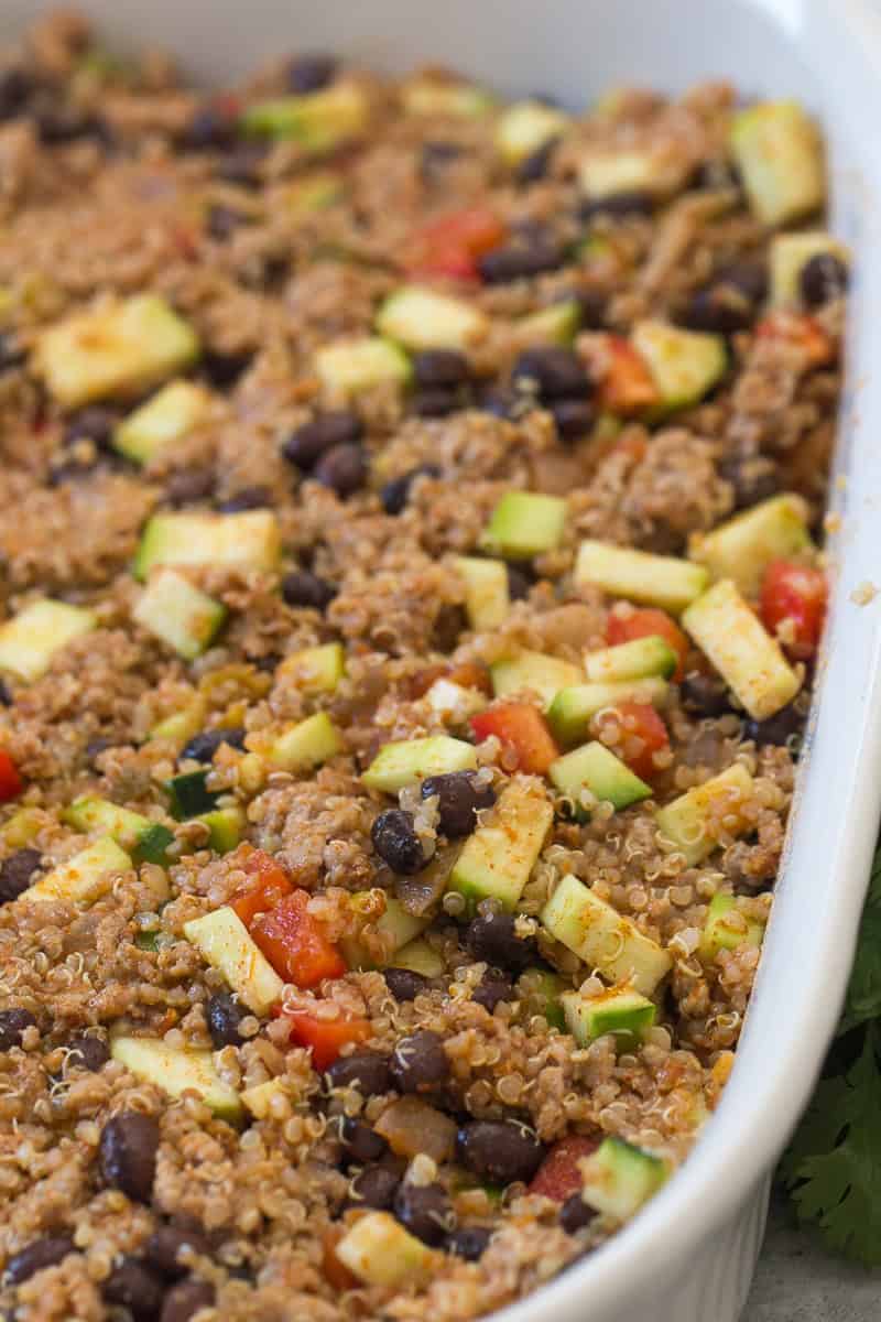 Zucchini Taco Casserole unbaked in casserole dish