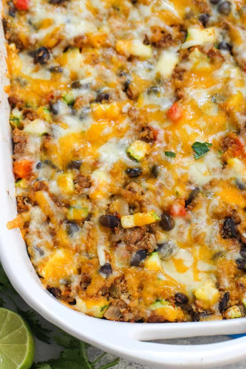 Zucchini Taco Casserole baked and topped with cheese