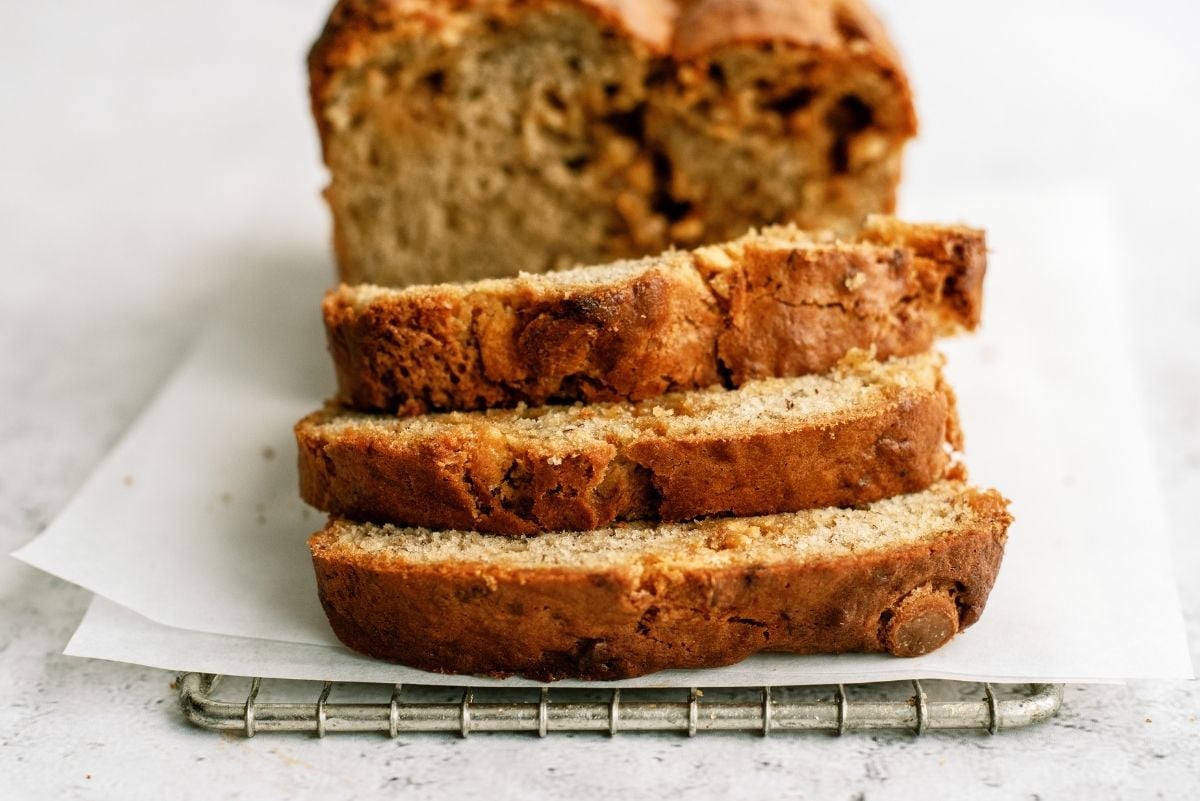 Butterscotch Banana Bread sliced on a cooling rack