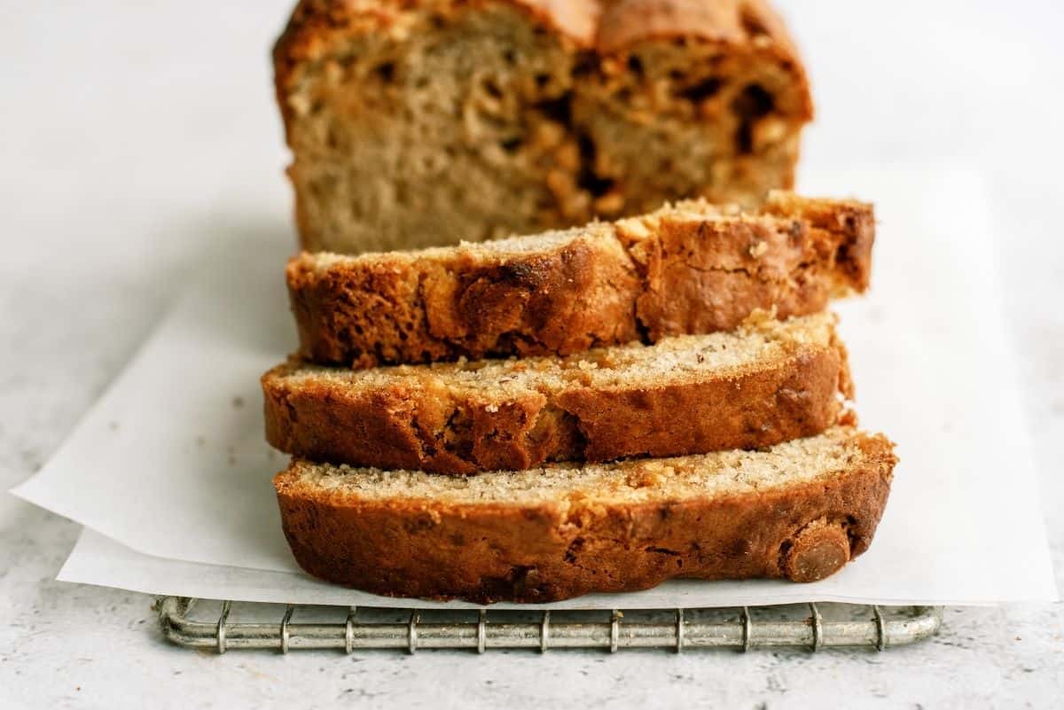 Butterscotch Banana Bread sliced on a cooling rack