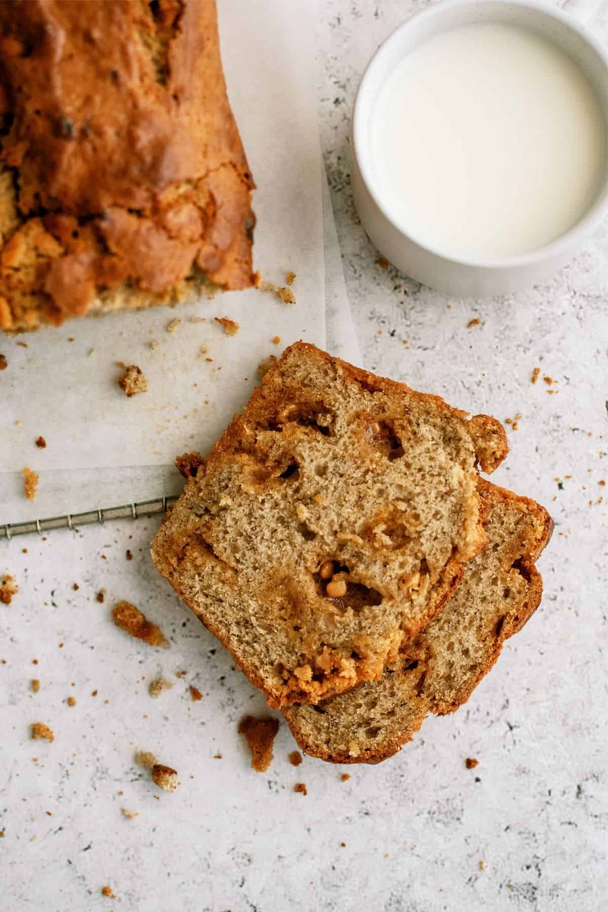 2 slices of Butterscotch Banana Bread on the counter