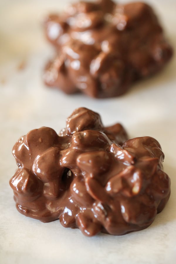 Gooey Copycat Chunky Clusters cooling on parchment paper