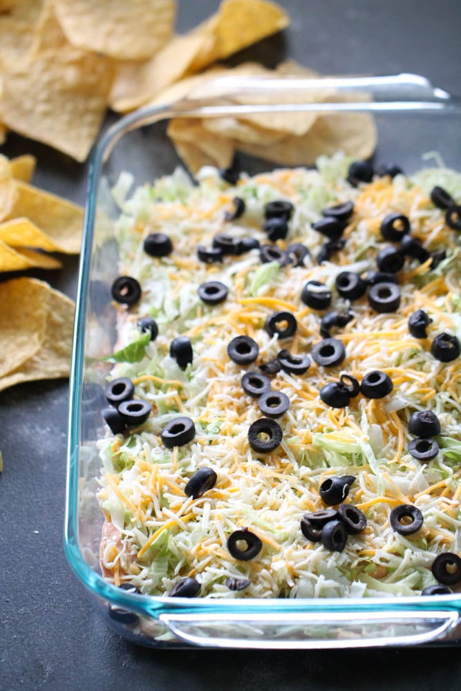 Skinny taco dip topped with olives
