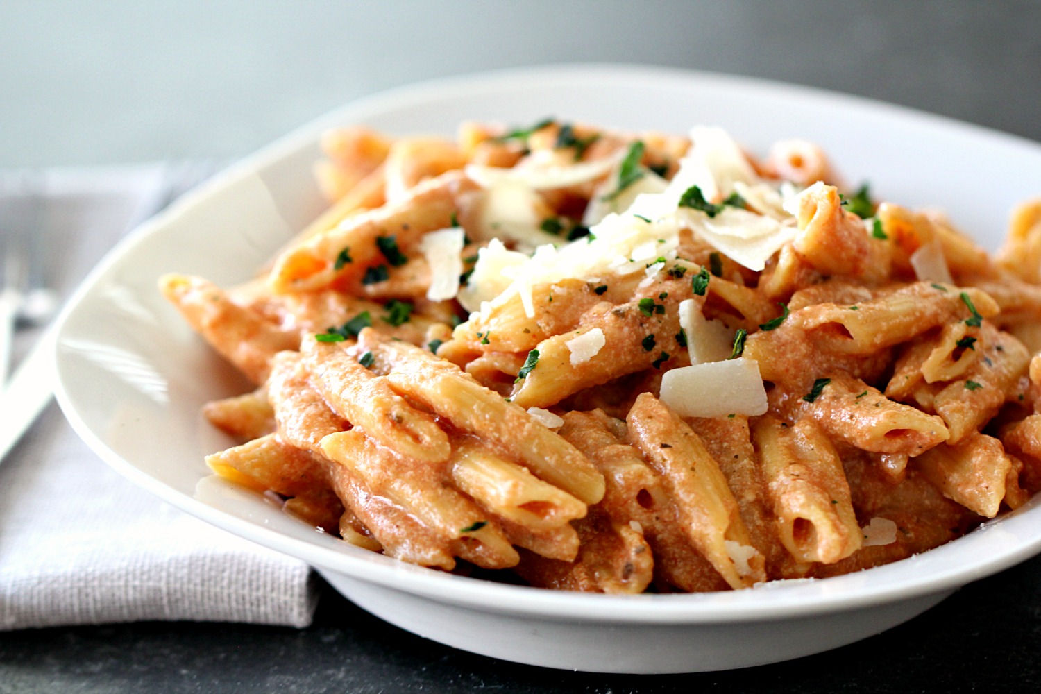 Instant Pot Cheesy Penne Pasta in a white bowl