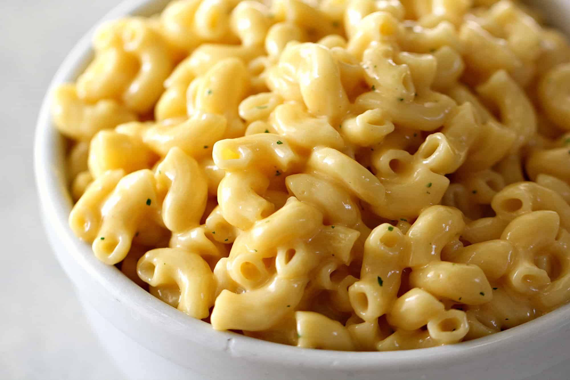 bowl of cooked mac and cheese on six sisters (horizontal pic)