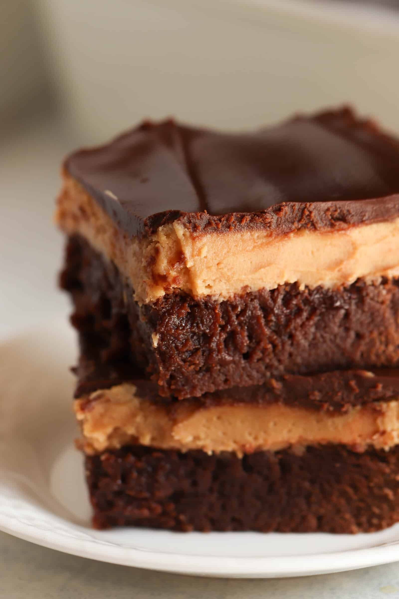 Buckeye Brownies cut into squares stacked