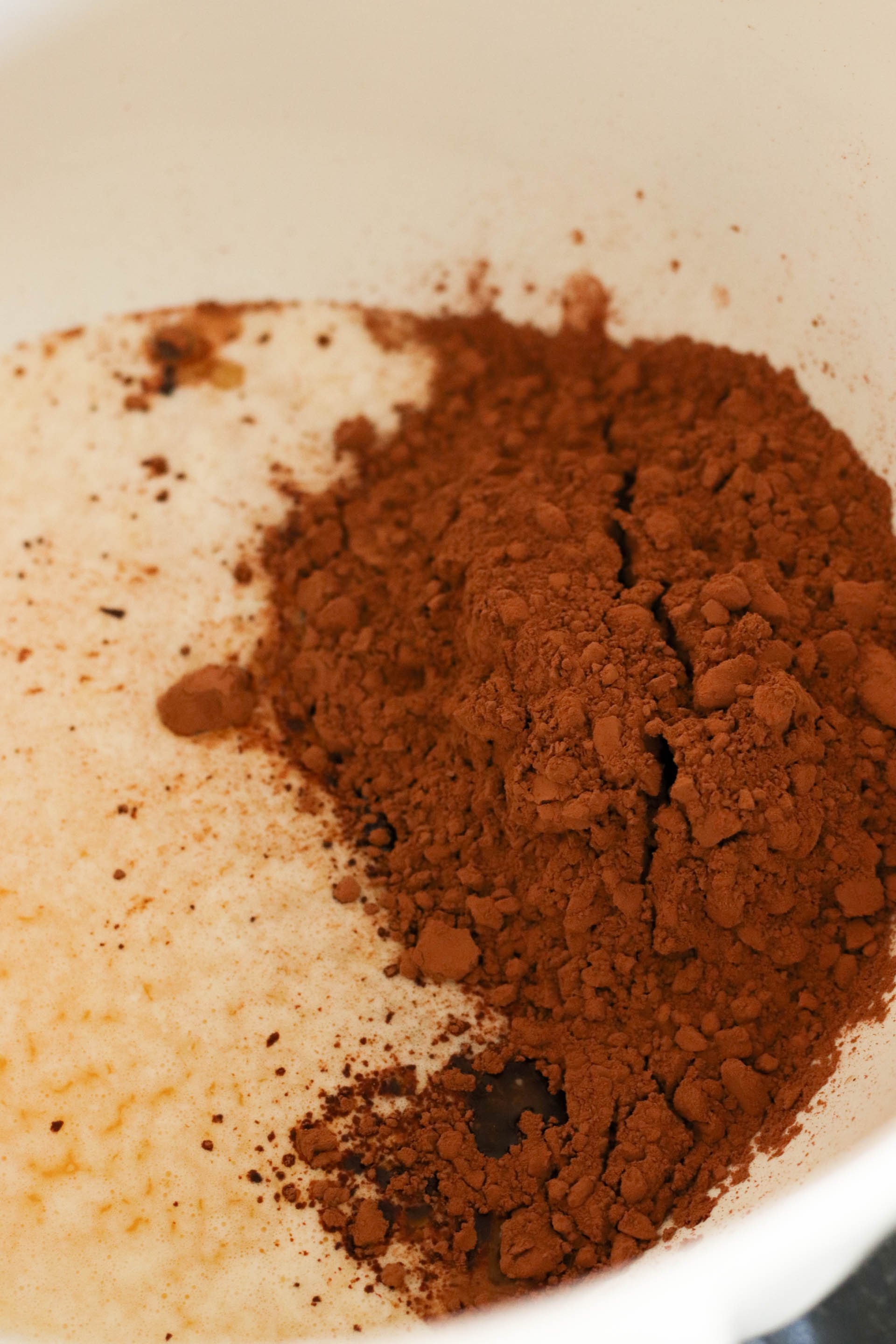 Cocoa and Melted Butter in Mixing Bowl