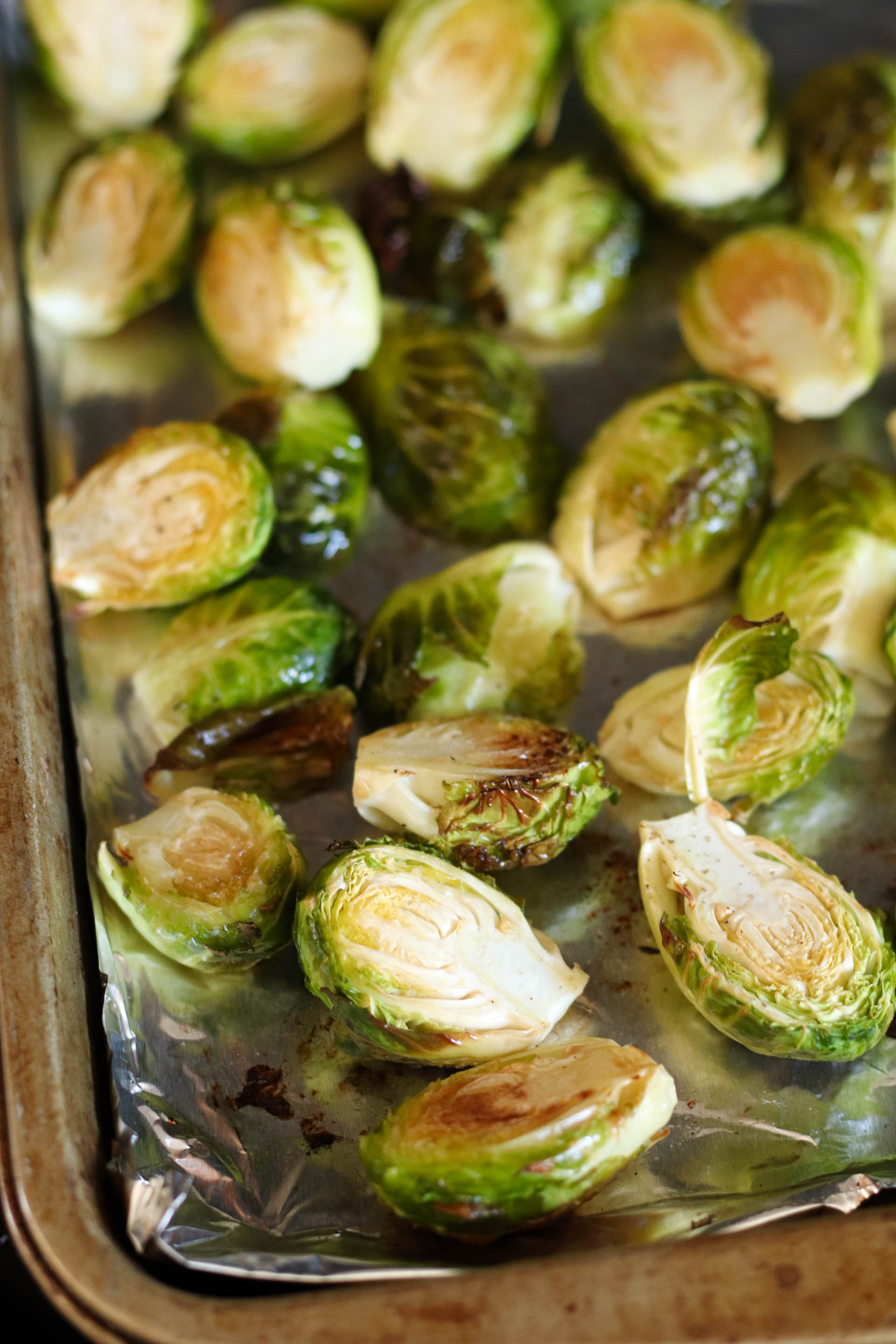 Brussel Sprouts halved and baked on a baking sheet
