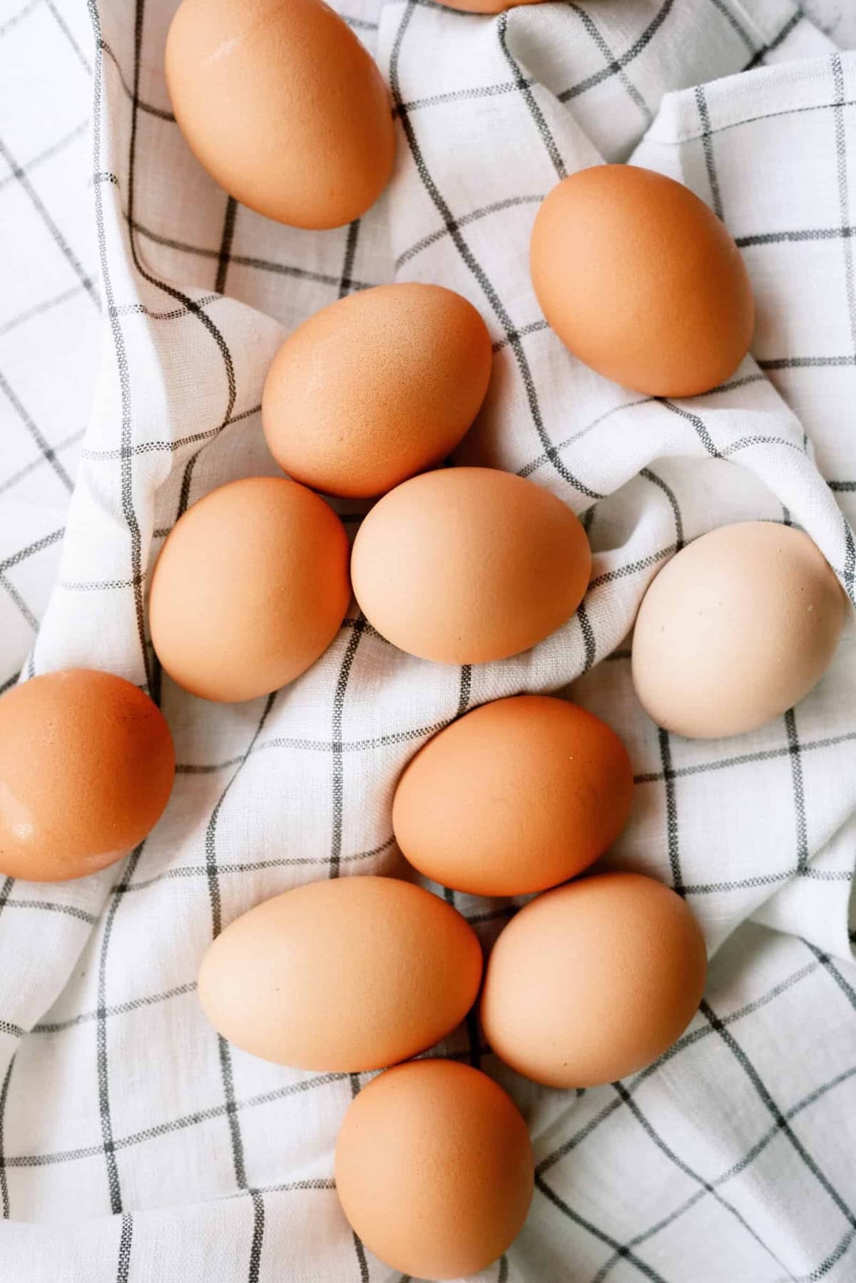Several brown eggs scattered on a white cloth with a black grid pattern.