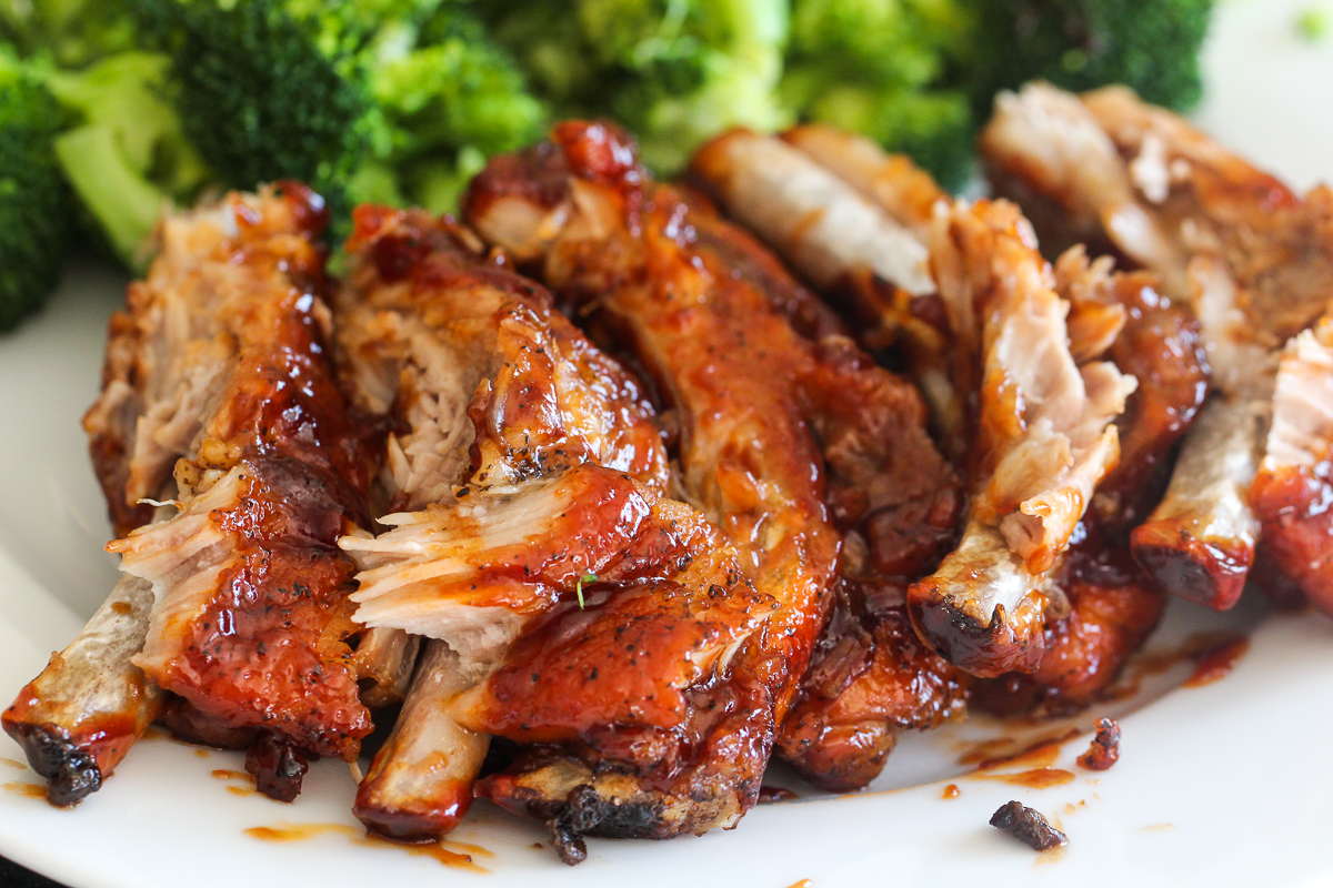 Instant Pot Bone-In Ribs on a plate with broccoli