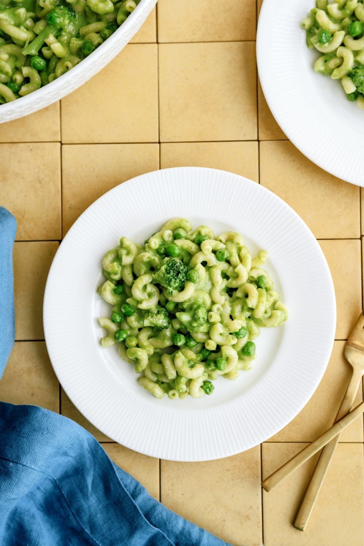 Green Mac and Cheese without Food Coloring on a white plate