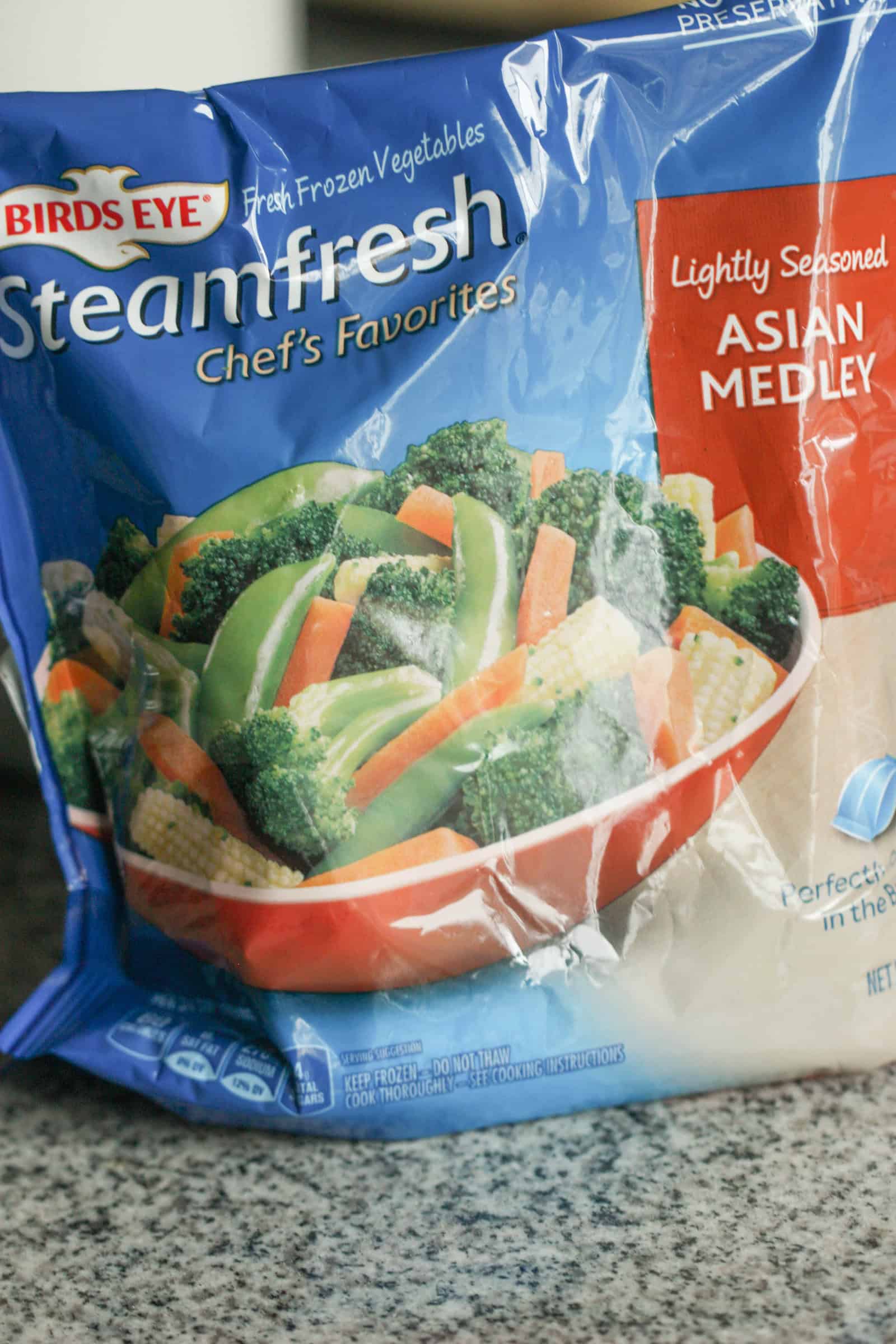 a bag of frozen, microwaveable stir fry veggies that can be used in this recipe