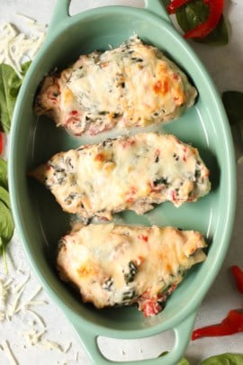 baked roasted red pepper chicken in a casserole dish