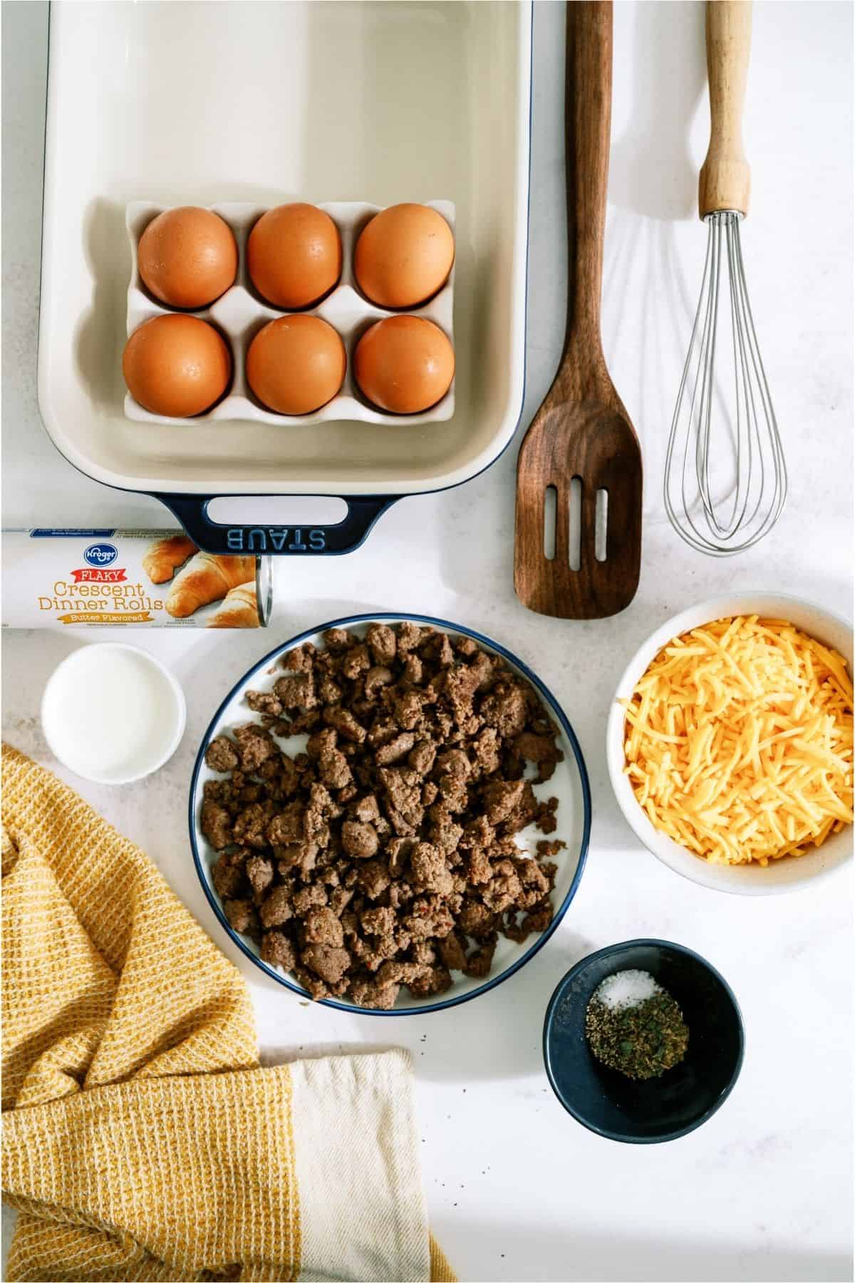 Ingredients needed to make Sausage Breakfast Casserole.